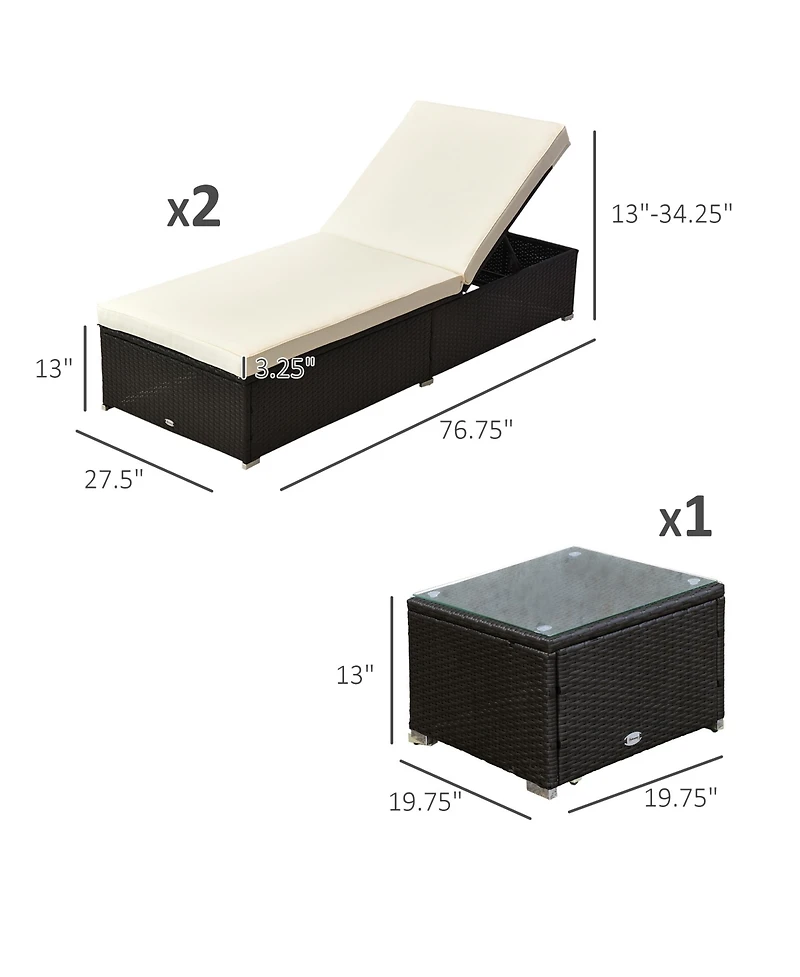 Outsunny Wicker Patio Lounge Chair Set, Outdoor Chaise Lounge Sets w/ 5-Level Angles Adjust Backrest, Thick Cushions, & Matching Table, for Pool Side,