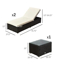 Outsunny Wicker Patio Lounge Chair Set, Outdoor Chaise Lounge Sets w/ 5-Level Angles Adjust Backrest, Thick Cushions, & Matching Table, for Pool Side,