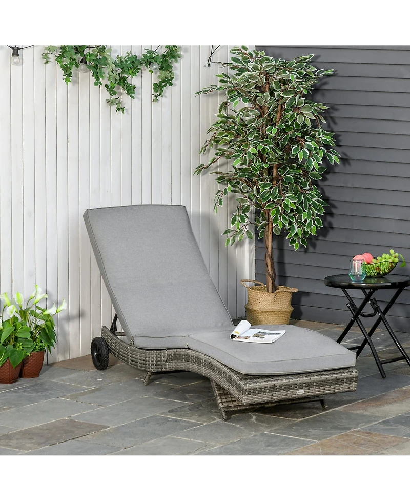 Outsunny Patio Wicker Cushioned Chaise Lounge Chair, Outdoor Pe Rattan Sun lounger w/ 5-Level Adjustable Backrest & 2 Wheels for Easy Movement, Grey