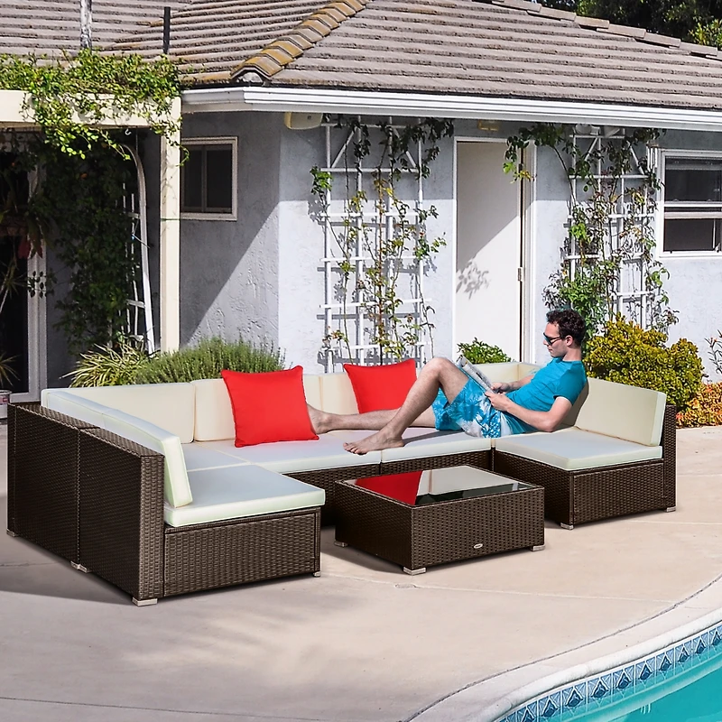 Outsunny 7pcs Outdoor Patio Wicker Conversation Set, Sectional Sofa