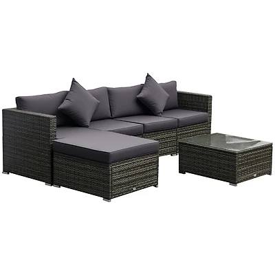 Outsunny 6 Pieces Patio Furniture Sets Outdoor Wicker Conversation Sets All Weather Pe Rattan Sectional sofa set with Ottoman, Cushions & Tempered Gla