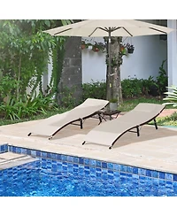 Outsunny Set of 2 Patio Pe Rattan Chaise Lounge Set, 3 Pieces Outdoor Folding Wicker Ledge Loungers Chair with Folding Table, Pillow