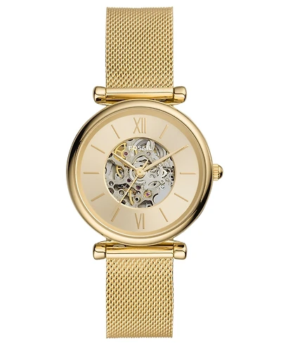 Fossil Women's Carlie Automatic Gold-Tone Stainless Steel Mesh Watch, 35mm