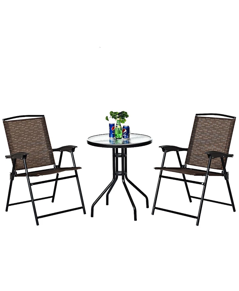 3PC Bistro Patio Garden Furniture Set 2 Folding Chairs Glass Table Top Steel