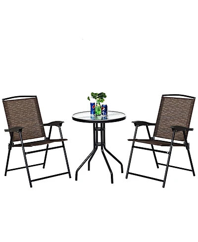 3PC Bistro Patio Garden Furniture Set 2 Folding Chairs Glass Table Top Steel