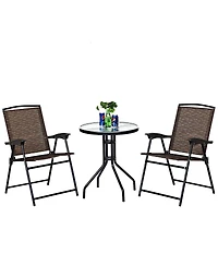 3PC Bistro Patio Garden Furniture Set 2 Folding Chairs Glass Table Top Steel