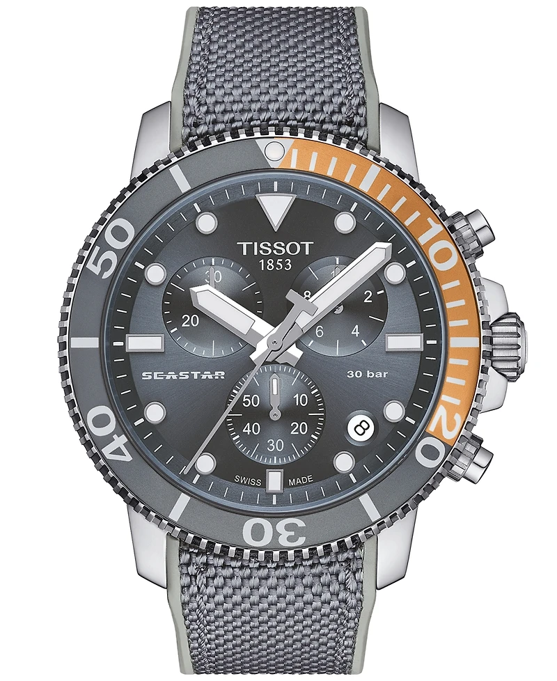 Tissot Men's Swiss Chronograph Seastar 1000 Gray Textile Strap Watch 46mm