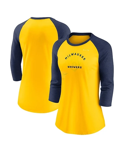 Women's Nike Gold, Navy Milwaukee Brewers Next Up Tri-Blend Raglan 3/4-Sleeve T-shirt