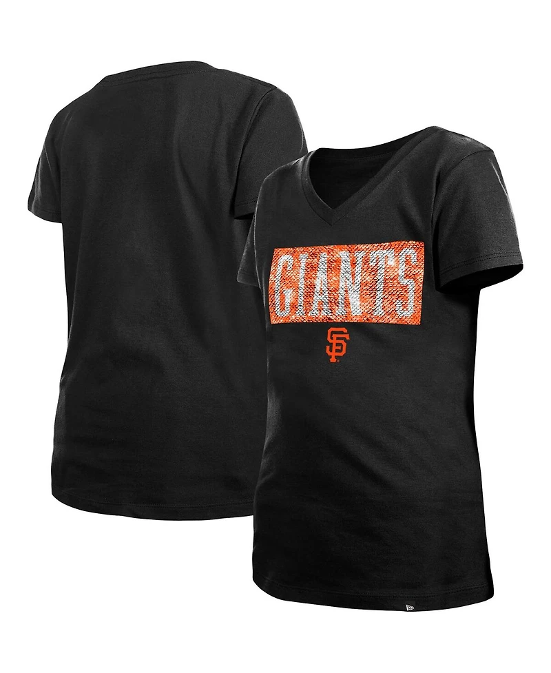 Big Girls New Era Black San Francisco Giants Flip Sequin Team V-Neck T-shirt