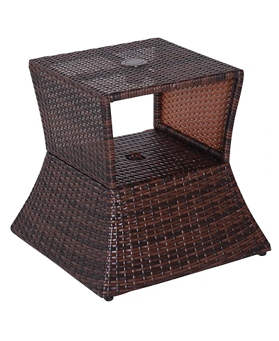 Outsunny Rattan Wicker Side Table with Umbrella Hole, 2 Tier Storage Shelf for All Weather for Outdoor, Patio, Garden, Backyard, Mixed Brown