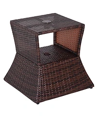 Outsunny Rattan Wicker Side Table with Umbrella Hole, 2 Tier Storage Shelf for All Weather for Outdoor, Patio, Garden, Backyard, Mixed Brown