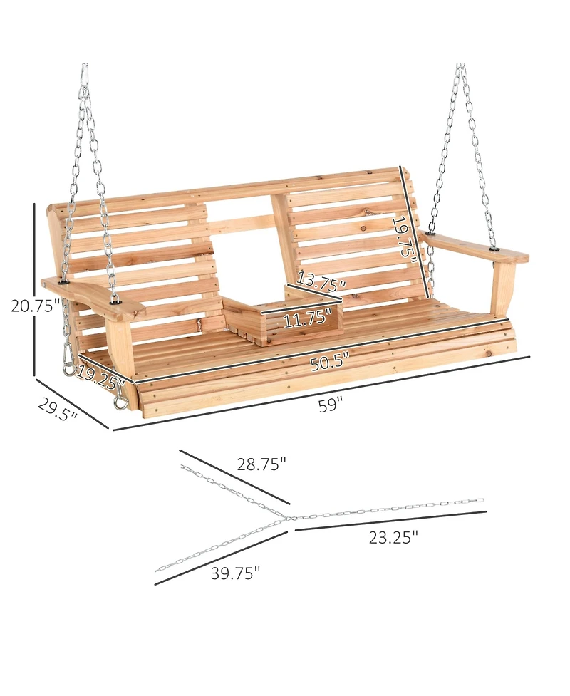 Outsunny 3-Seater Wooden Porch Swing, Patio Swing Bench with Folding Coffee Table, Cup Holders and Chains Included, 440lbs Weight Capacity