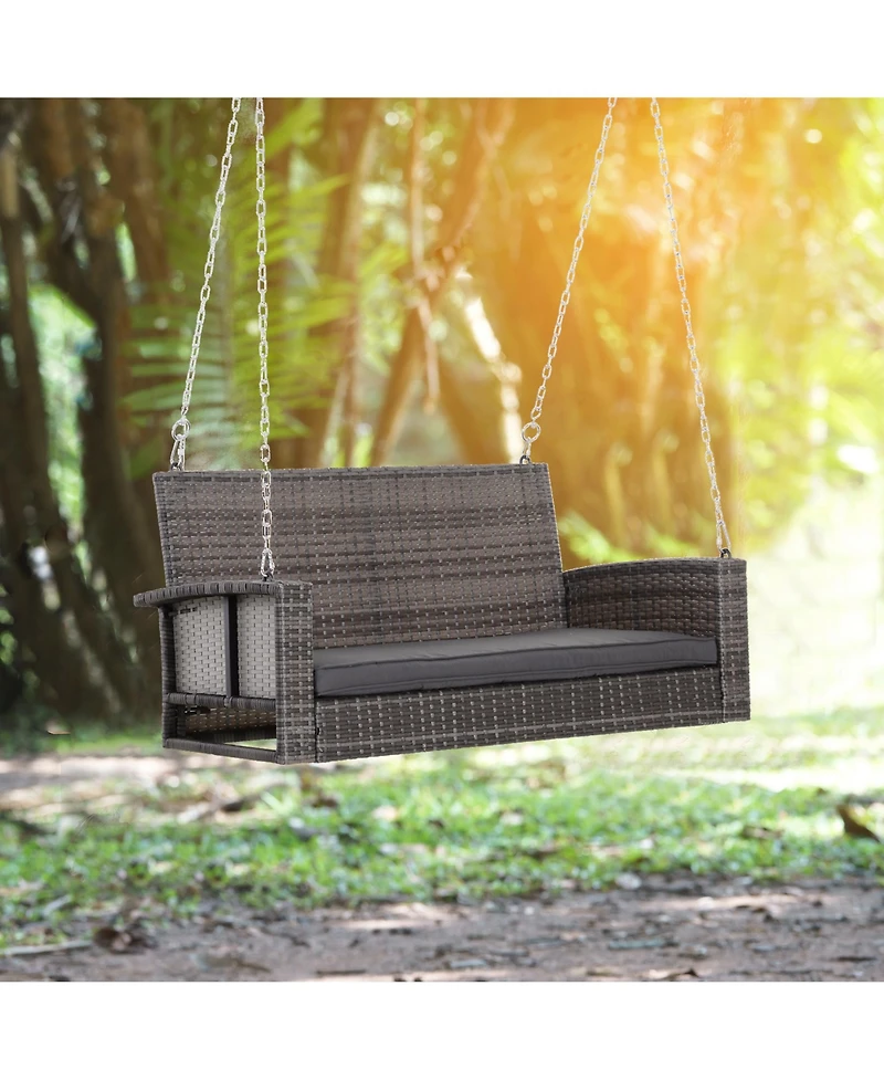 Outsunny 2 Person Wicker Hanging Swing Bench, Front Porch Swing Outdoor Chair with Cushions 550 lbs. Weight Capacity for Backyard, Garden, Grey
