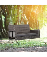 Outsunny 2 Person Wicker Hanging Swing Bench, Front Porch Swing Outdoor Chair with Cushions 550 lbs. Weight Capacity for Backyard, Garden, Grey