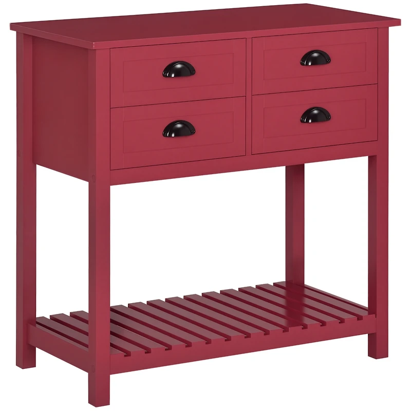 Homcom Sideboard Buffet Cabinet, Storage Serving Console Table with 4 Drawers and Slatted Bottom Shelf for Kitchen, Living Room or Dining Room, Red
