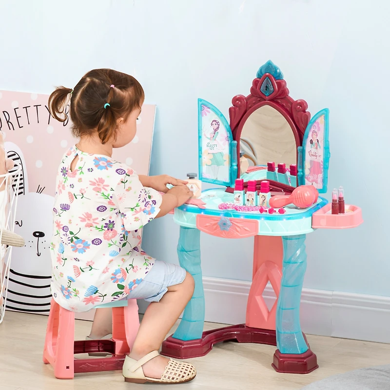 Qaba Kids Vanity Makeup Table Set with Chair and 31-Piece Collection, Mirror Princess Vanity Table with Self-Opening Magic Mirror, Music, Light, Imagi