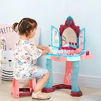 Qaba Kids Vanity Makeup Table Set with Chair and 31-Piece Collection, Mirror Princess Vanity Table with Self-Opening Magic Mirror, Music, Light, Imagi