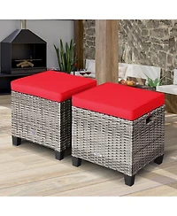 2PCS Patio Rattan Cushioned Ottoman Seat Foot Rest Table