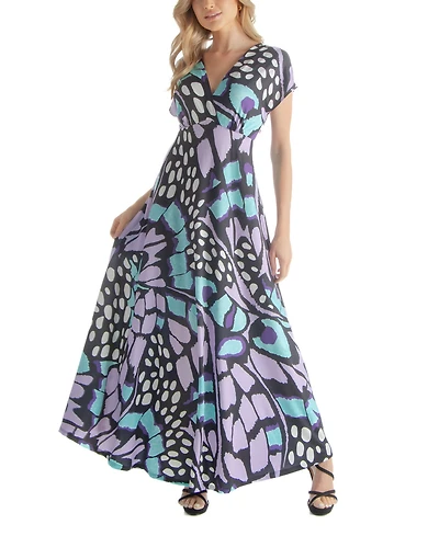 24seven Comfort Apparel Women's V-neck Cap Sleeved Empire Waist Maxi Dress