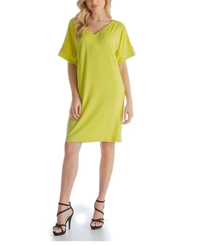 24seven Comfort Apparel Solid Color Loose Fit V Neck T Shirt Style Women's Knee Length Dress