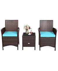 3PCS Patio Rattan Furniture Set Cushioned Sofa Glass Tabletop Deck