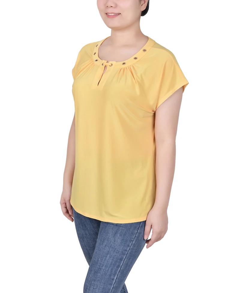 Ny Collection Petite Grommet Neck Knit Short Extended Sleeve Top