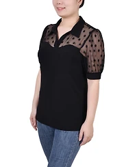 Ny Collection Petite Short Sleeve Dotted Mesh Top
