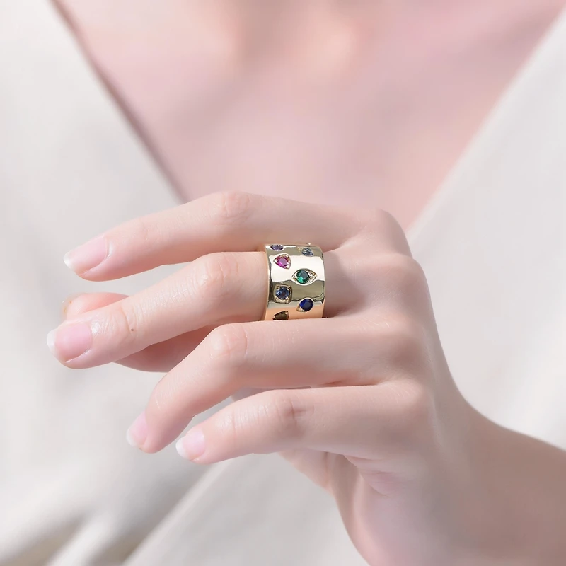 Radiant 14K Gold Plated Wide Band Ring with Spotted Multi-Colored Cubic Zirconia