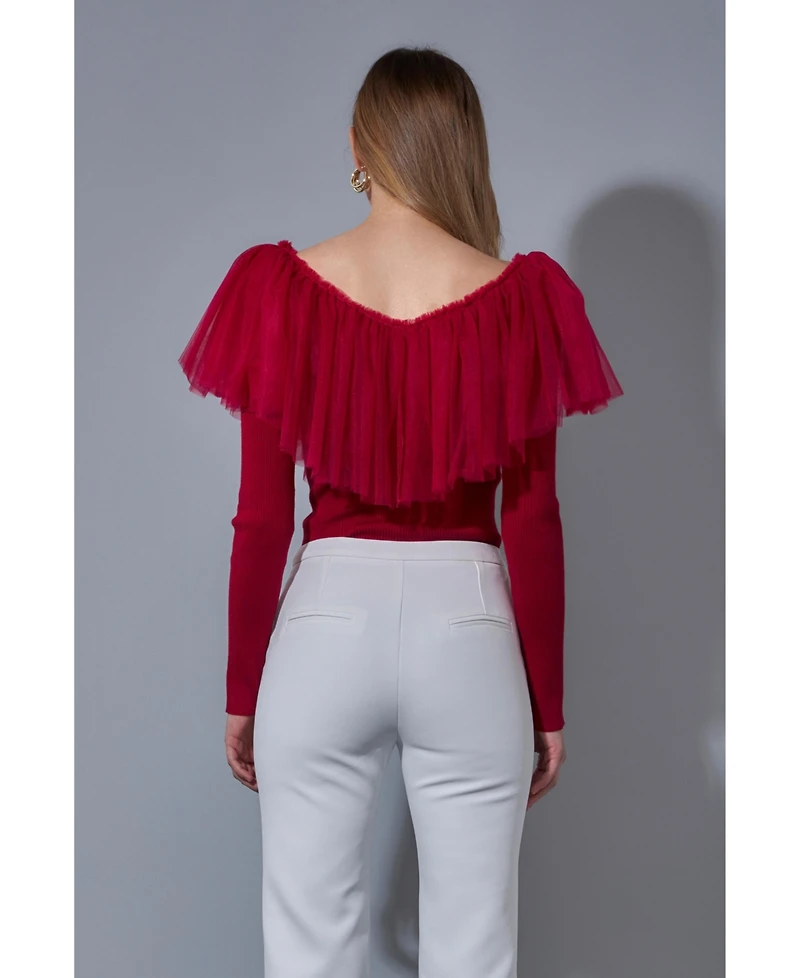 endless rose Women's Mixed Media Mesh Pleated Ruffle Top