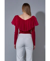 endless rose Women's Mixed Media Mesh Pleated Ruffle Top