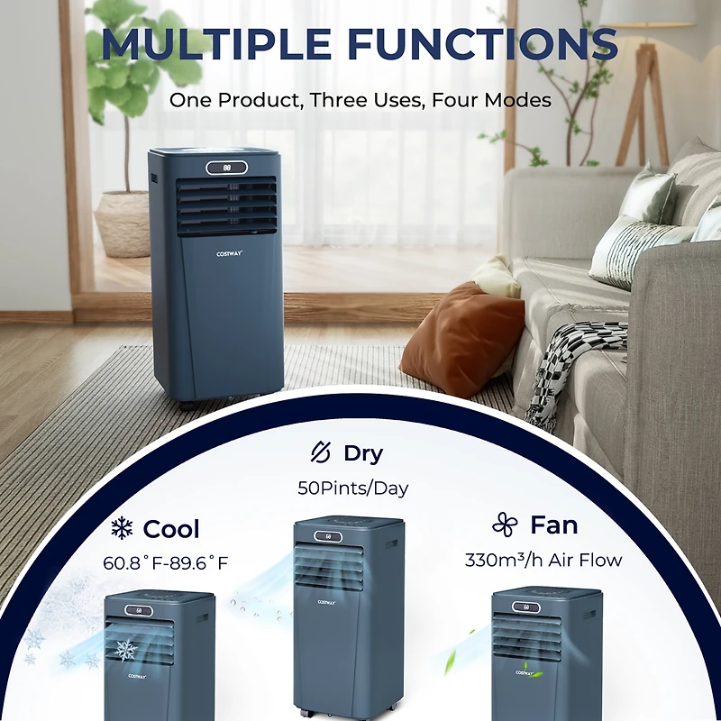 8000 Btu Portable Air Conditioner w/ Remote Control 3-in-1 Cooler Drying