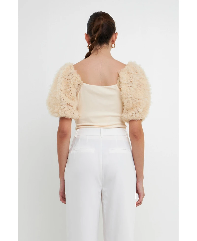 endless rose Women's Tulle Puff Sleeve with Knit Top