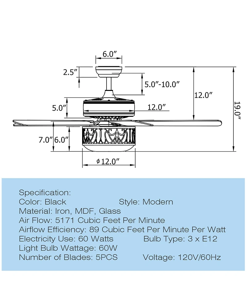 52'' Ceiling Fan W/Light Reversible Blade Adjustable Speed Remote Control
