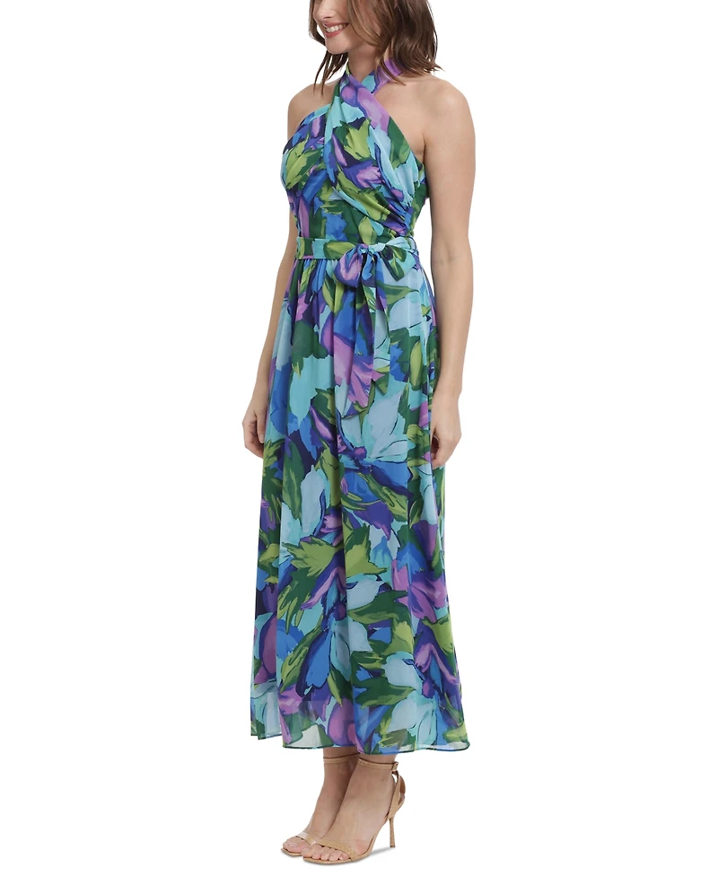 London Times Women's Floral-Print Wrap-Neck Tie-Front Halter Maxi Dress