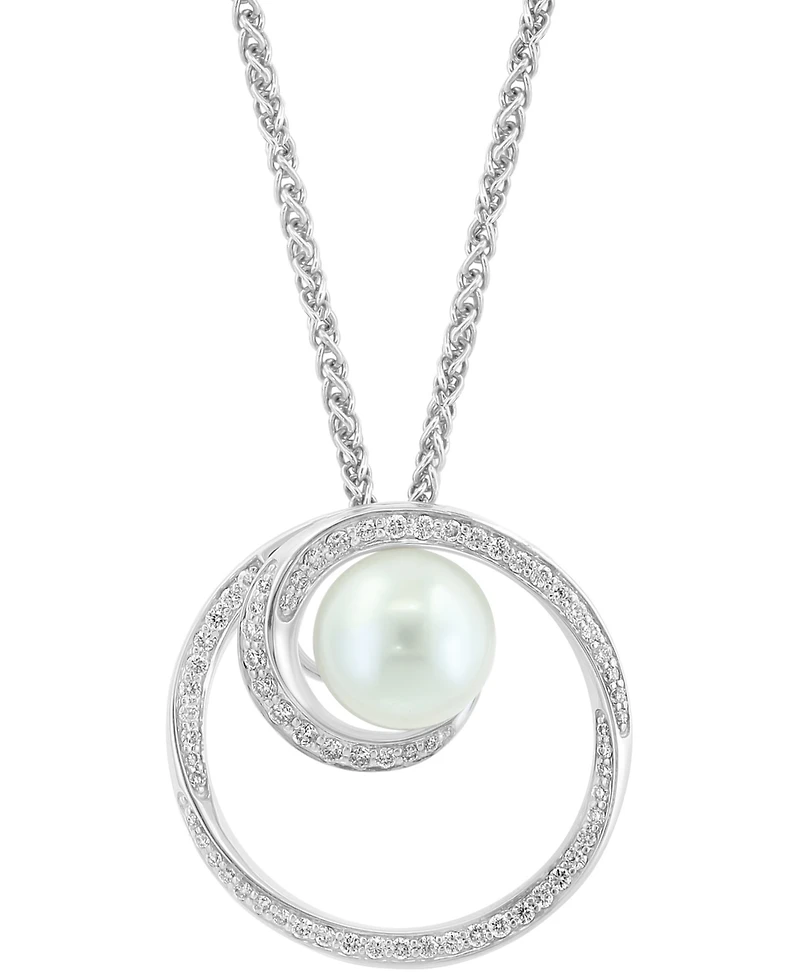 Effy Freshwater Pearl (8-1/2mm) & Diamond (1/3 ct. t.w.) Swirling Circle 18" Pendant Necklace in Sterling Silver
