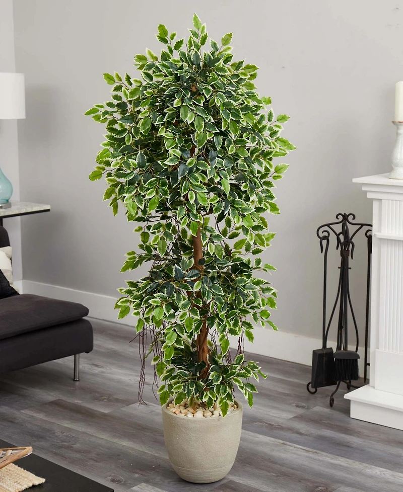 Nearly Natural 63" Elegant Ficus Artificial Tree in Sandstone Planter
