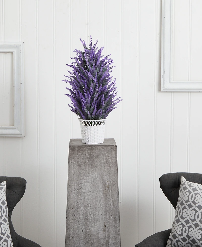 Nearly Natural Artificial Lavender Plant in White Wicker Planter