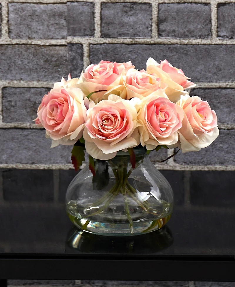 Nearly Natural Pink Rose Artificial Arrangement with Vase