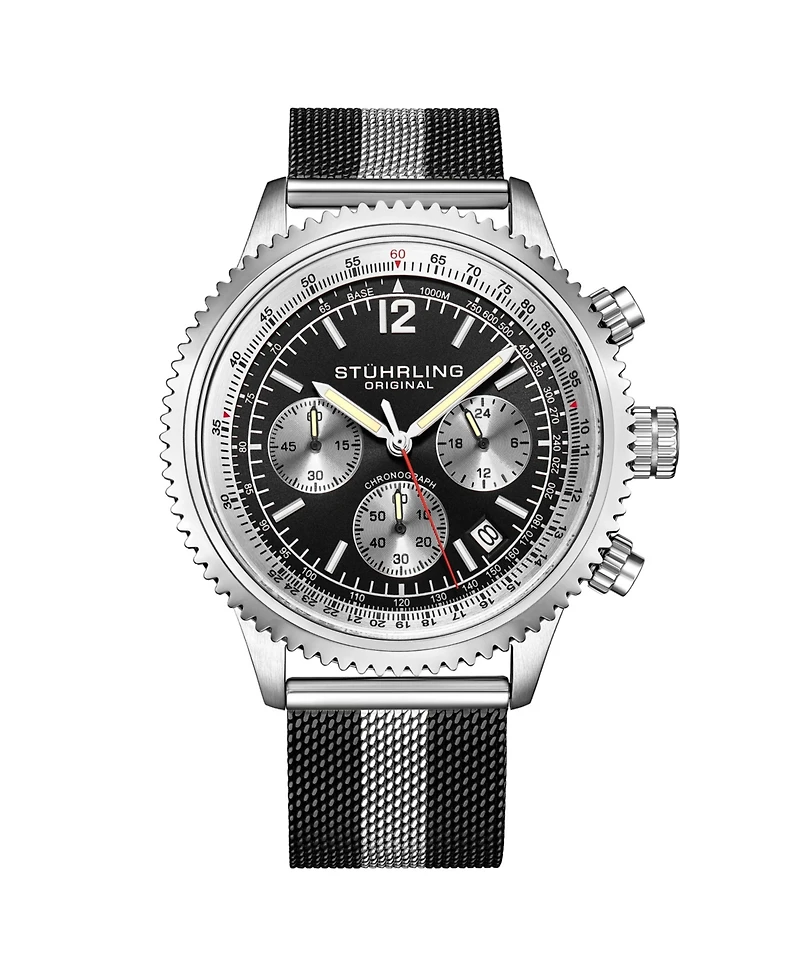 Stuhrling Men's Monaco Black|Silver-tone Stainless Steel , Black Dial , 47mm Round Watch