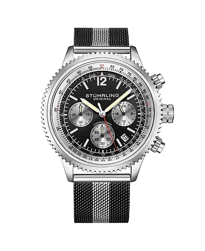 Stuhrling Men's Monaco Black|Silver-tone Stainless Steel , Black Dial , 47mm Round Watch