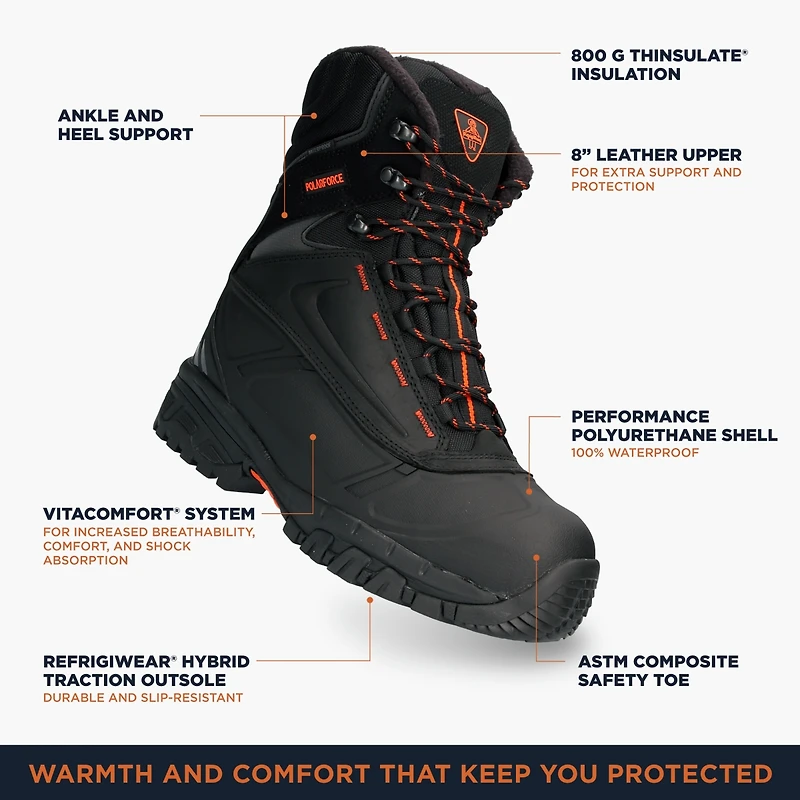RefrigiWear Men's Polar Force Max Waterproof Insulated 8-Inch Leather Work Boots
