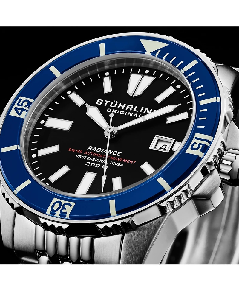 Stuhrling 1006 Men s Automatic Dive Watch Swiss Movement Black Dial Luminous Hands Unidirectional Bezel Stainless Steel Beaded Bracelet Date Window