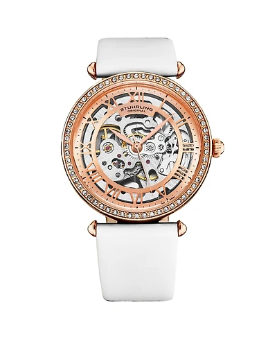 Stuhrling Women's Legacy White Leather , Two-Tone Rose-Gold Dial , 45mm Round Watch