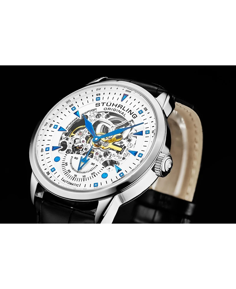 Stuhrling Men's Legacy Black Leather, White Dial, 44mm Round Watch
