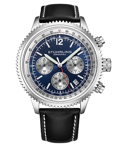 Stuhrling Men's Monaco Black Leather, Blue Dial, 47mm Round Watch