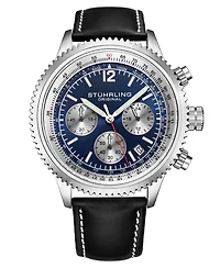 Stuhrling Men's Monaco Black Leather, Blue Dial, 47mm Round Watch