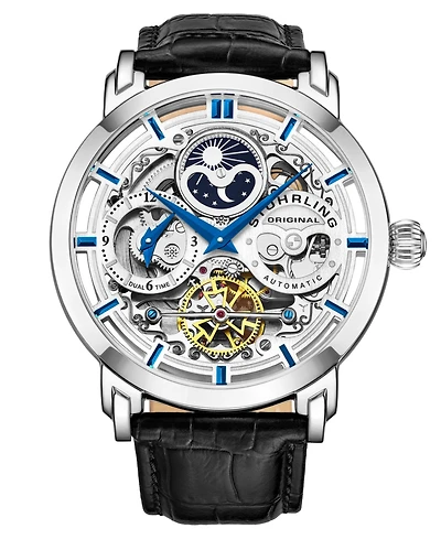 Stuhrling Men's Legacy Black Leather, Silver-Tone Dial, 46mm Round Watch