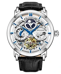 Stuhrling Men's Legacy Black Leather, Silver-Tone Dial, 46mm Round Watch