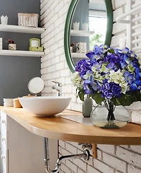 Nearly Natural Blue Hydrangea Artificial Arrangement with Large Glass Vase