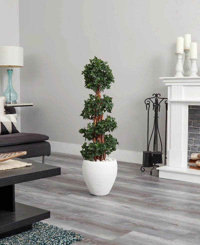 Nearly Natural 4' English Ivy Topiary Uv-Resistant Indoor/Outdoor Artificial Tree in White Oval Planter